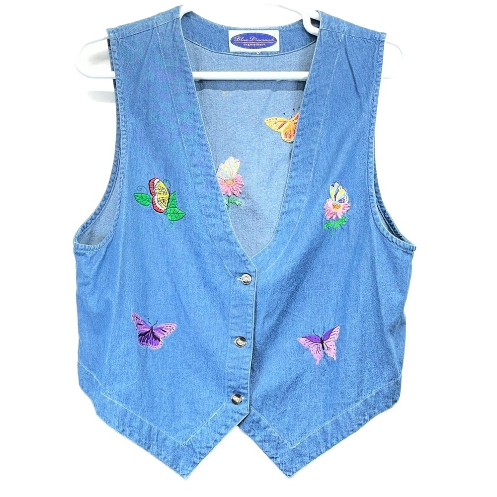 Vintage Blue Diamond Virginia Beach Cotton Butterfly Floral Denim Vest